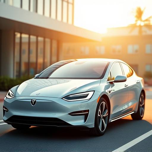 Snapshot of a commercial video showcasing the new electric car model from Volta Motors, emphasizing its sleek design and eco-friendly features.
