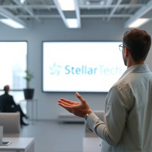 Still from a corporate training video for StellarTech Innovations, showcasing an employee giving a presentation.